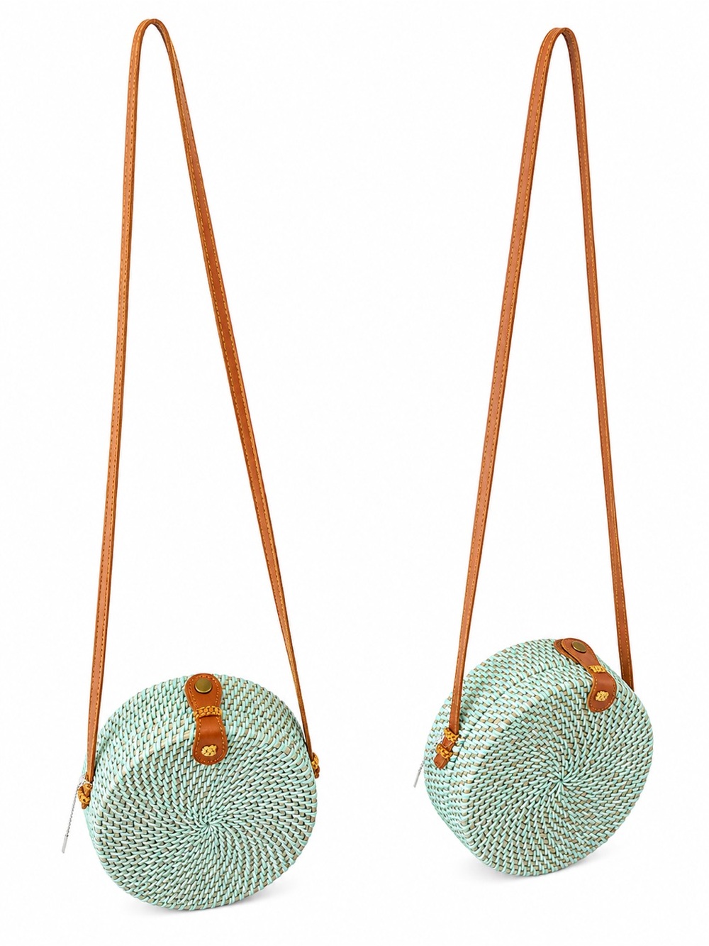 Woven Round Crossbody Bag in Mint with Tan Trim - Picture 2 of 4